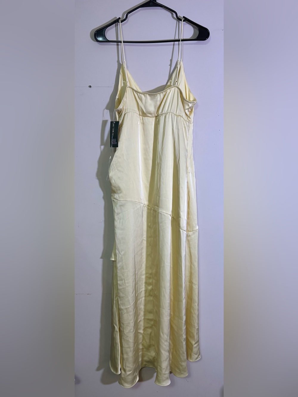 NWT Satin Midi Dress Light Yellow Slip Dress Asymmetrical Hem - Picture 5 of 8